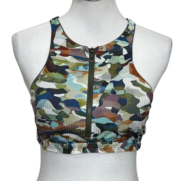 Becca by Rebecca Virtue Cora Bikini Top Women’s Size Large Multicolor Zip Camo - Picture 2 of 8